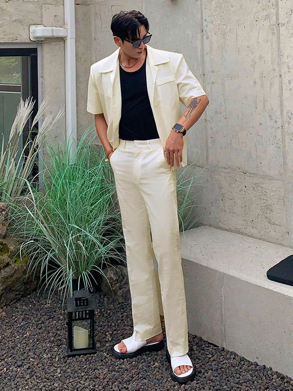 Summer Solid Office Wear Men's Lapel Neck Short Sleeve Blazer And Pants Suit