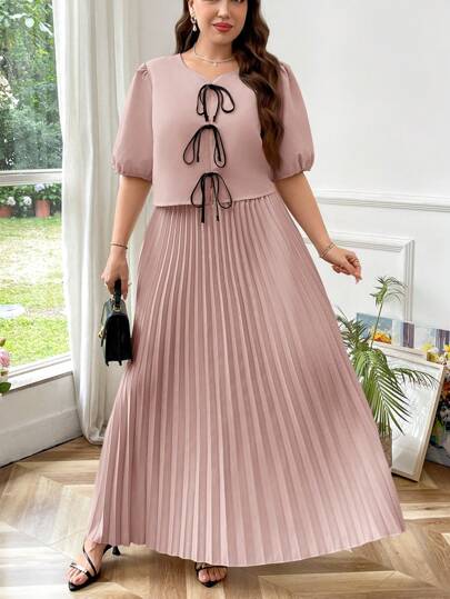 SHEIN Privé 2pcs Plus Size Women Sets: Short Sleeve Round Neck Black Bowknot Minimalist Elegant Blouse & Long Loose Commute Pleated Skirt, Grey Beige New Style