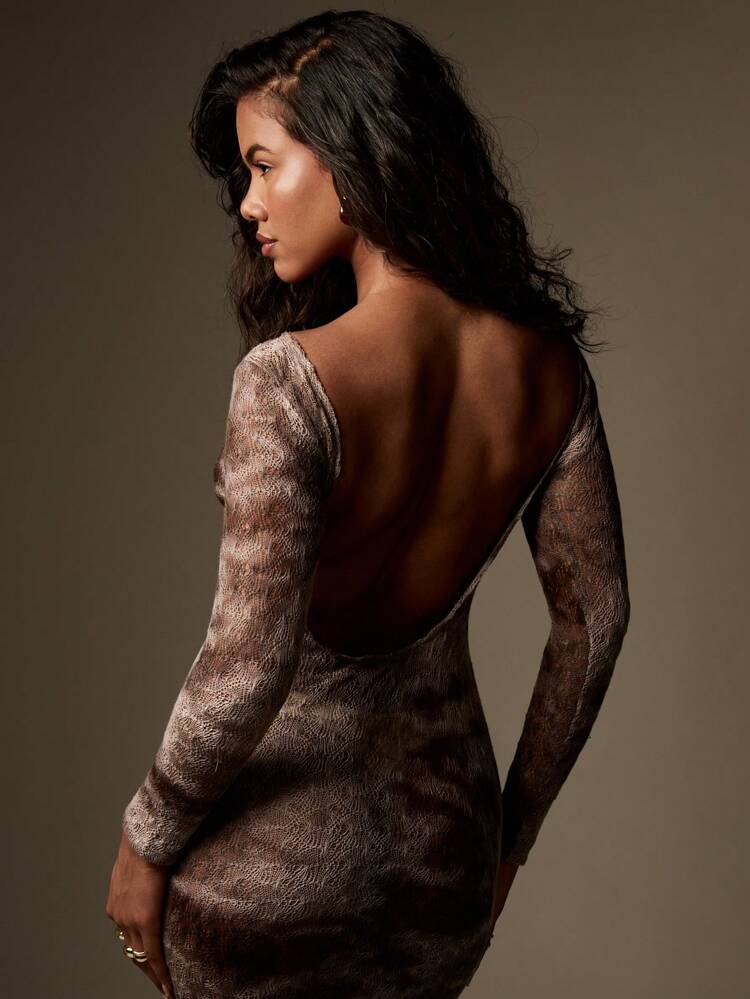 MISSGUIDED Elegante abito lungo lavorato a maglia a uncinetto, con maniche lunghe aderente, adatto per occasioni speciali autunnali e invernali, come feste, matrimoni e ricevimenti, in maglia metallizzata marrone