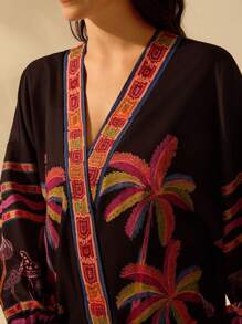 CAJUNI Women's Boho Colorful Coconut Tree & Mushroom Print Lantern Sleeve Loose Kimono-Style Beach Cover Up, Summer Resort - Multicolor - View 5