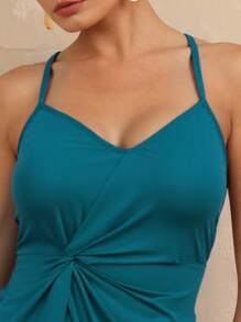 Swim Lushoire 2pcs/Set Women Summer Beach Vacation Casual Solid Color Twist Front Top And Sexy High Waist Tankini Bottom Tankini Swimwear - Teal Blue - View 5