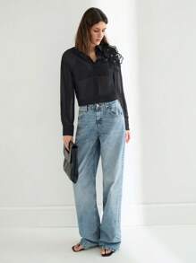 Maija Damen Schwarze Transparente Blumen Verzierte Knopfleiste Langarm Hemd Top, Sexy Design für Musikfestivals und Sommer, Geschäftskleidung für Frauen, Süße Sommer Oberteile für Brunch, Flughafen - Schwarz - Übersicht 2