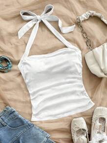 Soleia 2 pezzi Top di canottiera con stampa floreale ditsy blu su scollo a oliva e schiena scoperta, con pieghe, adatto per donna, ideale per vacanze al mare