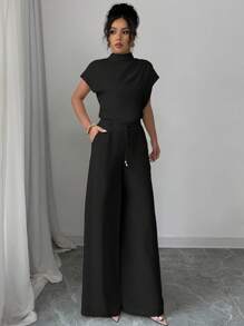 Chiquease 优雅休闲杏色梭织无袖女式衬衫和阔腿杏色梭织裤，两件套女士套装，女士休闲装 - 黑色 - 查看 4