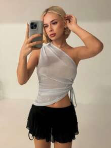 SHEIN ICON Blusa asimétrica con hombro brillante de tejido iridiscente y bajo oblicuo para mujeres