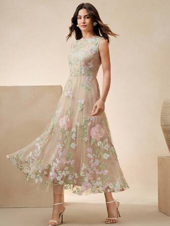 Anewsta Vestido floral bordado sem mangas feminino, elegante e chique para férias, festival, páscoa, vestido para convidada de casamento, primavera/verão