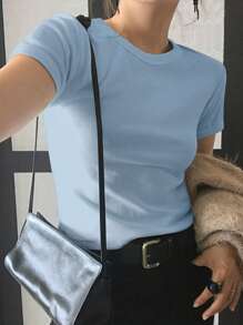 DAZY 女款純色修身圓領短袖白色T恤，春夏校園風 - 淺藍色 - 查看 3