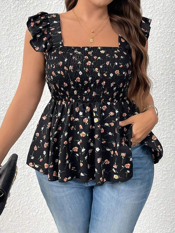 Elenzga Camiseta de tirantes de talla grande con cuello cuadrado, volantes en el bajo y cintura elástica con estampado floral diminuto