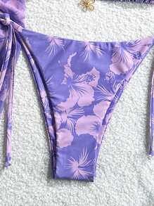 Swim Mod 3 件套女士夏季沙滩装，随机花卉印花露背系腰沙滩裙和复古比基尼 - 彩色 - 查看 4