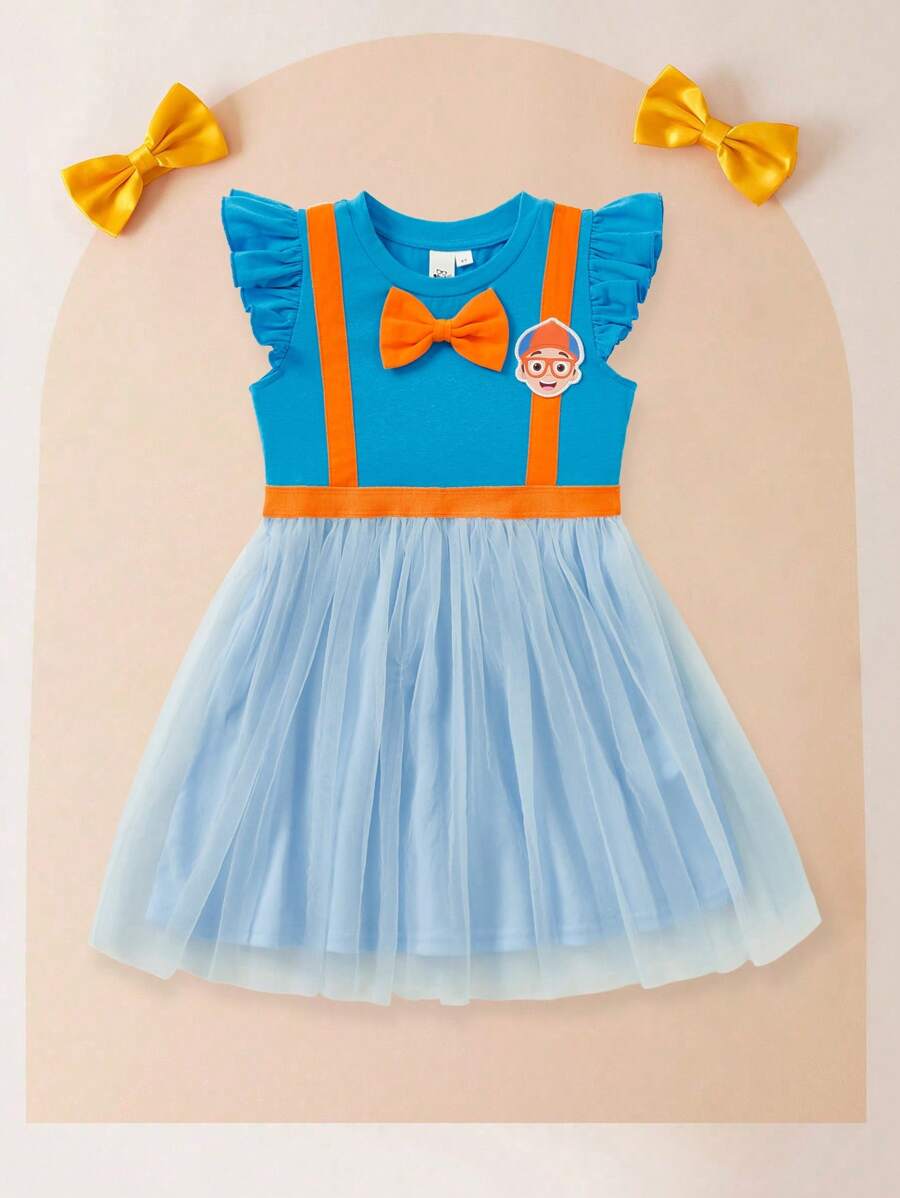 Blippi X SHEIN Young Girl Cartoon Character Cosplay Cap Sleeve Tulle Dress - Blue - View 1