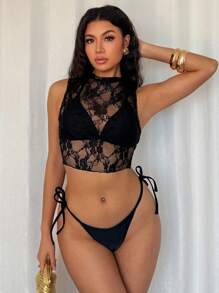 SHEIN 3pcs/Set Summer Black Lace Sexy High-Cut Beach Vacation Swimwear For Women - Black - View 3