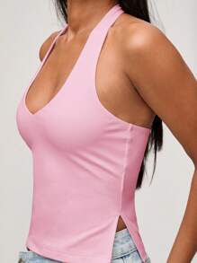 SHEIN BASICS 女士休闲纯色针织挂脖上衣 - 粉色 - 查看 8