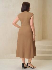 SHEIN Clasi Plus Size Elegant Button Decor Office Dress - Khaki - View 2