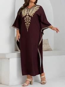Al Najma Plus Size Women Plant Print V-Neck Batwing Sleeve Arabic Style Dress, Modest Abaya - Rust Brown - View 5