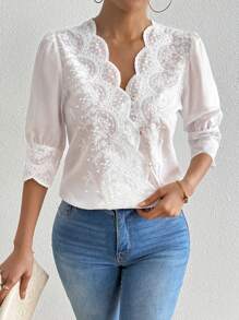 Pariaura Stylish & Slimming Floral Embroidery Blouse Top - White - View 4