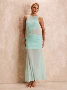 Glamine Glamine Mesh Overlay Ruffle Dress Split See Through Breezy Sea Salt, Light Blue, Light Green Vacation Dress Summer Outfits Vacation Outfits Woman Summer Clothes Dress For Women