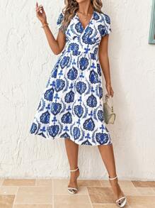SHEIN Clasi Women Blue & White Floral Mid-Length Dress With Pockets, Elegant Resort Wear, Spring/Summer