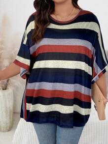 SHEIN LUNE 大码女式条纹圆领落肩休闲宽松 T 恤