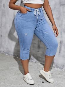 SHEIN EZwear 大码破洞紧身弹力七分牛仔裤，蓝色，夏季女士/夏季/可爱，复活节/复活节女士，狂欢/音乐会女士/乡村音乐会/狂欢/狂欢节/纳什维尔/伊比沙岛，优雅，度假女士/海滩度假，波西米亚风/波西米亚风女式；牛仔/牛仔牛仔裤 - 藍色 - 查看 1