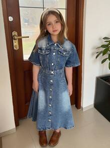 Tween Girls Blue Washed Denim Casual Fitted Short Sleeve Dress, Front Center Placket Button Decor A-Line Mid-Length Dress, Simple And Fashionable Versatile Design For Daily Wear - Medium Wash - View 10