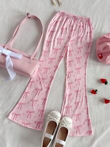 SHEIN Tween Girl' Pink Butterfly Print Flare Pants, Knitted, Comfortable, Casual, Elegant, Lovely, For Spring/Summer/Autumn Young Girl Pants Young Girls Leggings