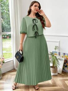 SHEIN Privé Plus Size Women 2 Pieces Set: Black Bowknot Simple Short Sleeve Top & Loose Pleated Midi Skirt, Elegant Office Outfit, New Gray Beige - Green - View 5