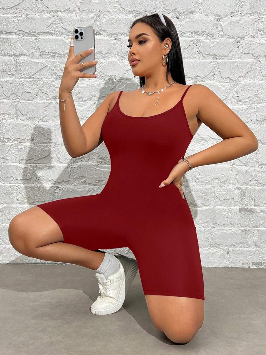 SHEIN EZwear 大码女式酒红色无袖紧身休闲连体裤，适合夏季