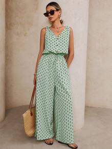 SHEIN VCAY Bộ đồ liền thân không tay in họa tiết cho nữ mặc đi nghỉ và thường ngày - màu xanh lá - Xem 5