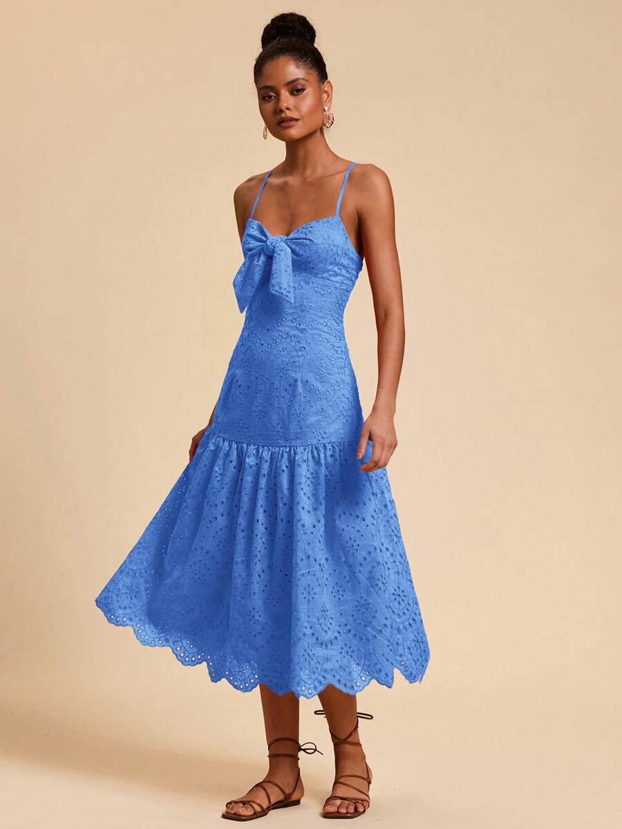 Travachic Váy suông thêu lỗ ren màu trơn buộc dây phía trước cho nữ - Màu xanh lam - Xem 1