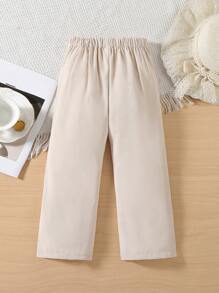SHEIN Young Girl Plain Color Button Design Toothpick Straight Casual Pants - Khaki - View 2