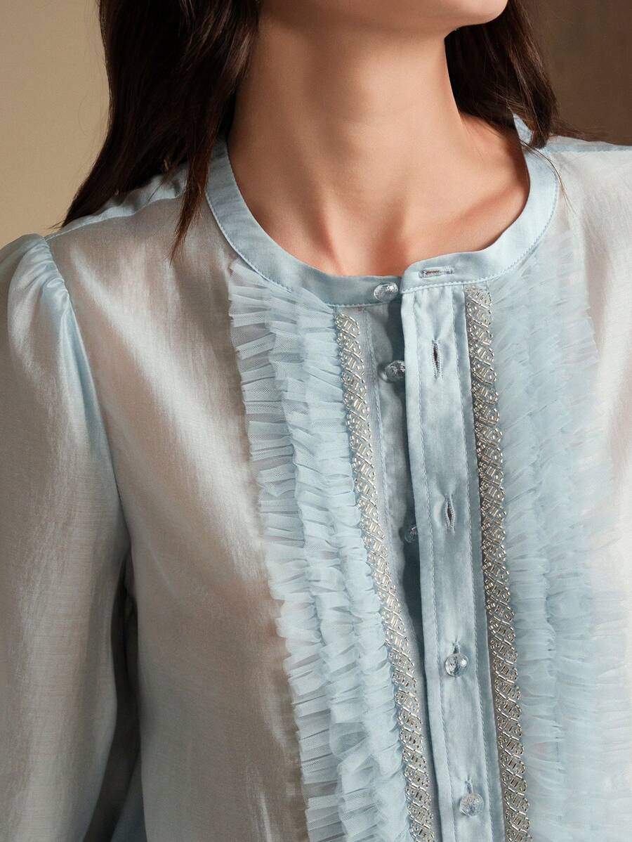 Anewsta Elaire 女士透明荷叶边领性感长袖衬衫,“Old Money” - 淺藍色 - 查看 1