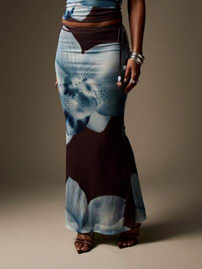 MISSGUIDED Designer Maxi Skirt Abstract Floral Ultra-Soft Mesh Lined Elegant Evening Party Formal Wedding Guest Summer Beach Vacation Long Floor Length Wrap Skirt