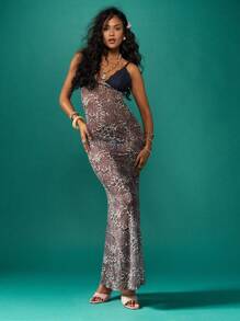 MISSGUIDED Robe de soirée longue de créateur à imprimé léopard, sans manches, à bretelles spaghetti, taille empire, longueur au sol, avec détails en dentelle. Robe de fête pour occasions spéciales et vacances