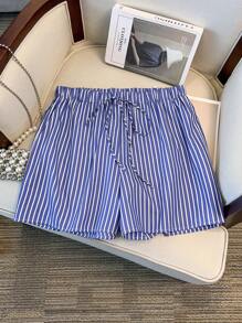 SHEIN Clasi Bộ 2 món áo sơ mi sọc ngắn tay rộng rãi và quần short, cỡ lớn - Xanh và trắng - Xem 3