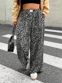 SHEIN EZwear 大码女式休闲豹纹梭织高腰阔腿宽松裤，带口袋，适合日常/通勤穿着