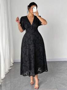 Elenzga Plus Size Women's V-Neck Puff Sleeve Textured A-Line Dress, Summer - Black - View 5