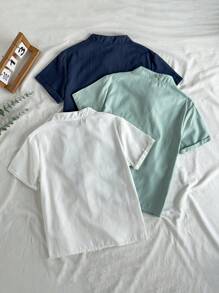 SHEIN 3 件套青少年男孩夏季立领时尚百搭休闲纽扣衬衫，适合居家、休闲、户外活动、与朋友聚会，提供舒适轻松的外观，简单的设计让您保持舒适，多种颜色可选 - 彩色 - 查看 2