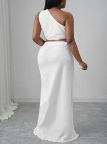 Slaydiva 2 件套大码不对称肩纯色上衣和裙子套装，简约时尚，适合夏季