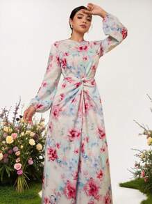 Graceveil Robe femme à manches lanternes avec col rond, à taille croisée, style arabe, pour le printemps/l'été