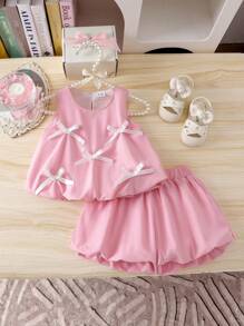婴儿/女宝宝可爱花蕾连衣裙、无袖背心和短裤套装、时尚夏装、儿童蝴蝶结装饰可爱服装 - 粉色 - 查看 8