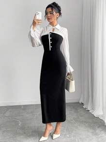 Modelyn Vestido largo de manga larga elegante con diseño de botones 2 en 1 para dama - Multicolor - Ver 11