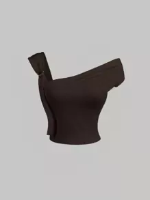 SHEIN MOD Coffee Asymmetrical Shoulder Fitted Women's Fashion Top - Coffee Brown - View 1