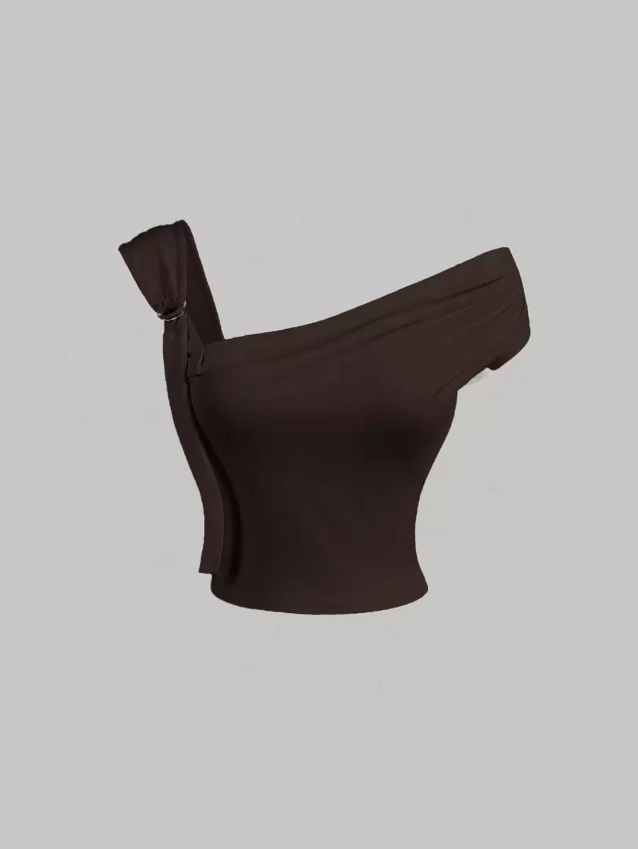 SHEIN MOD Coffee Asymmetrical Shoulder Fitted Women's Fashion Top - Coffee Brown - View 1