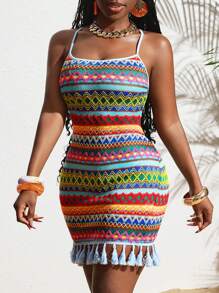 Slaydiva 春夏新款彩色假日U领吊带交叉露背修身迷你裙流苏下摆彩色条纹菱形格子女式小连衣裙 - 彩色 - 查看 4