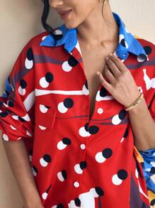 SHAQUITA GARCIA Red Polka Dot Print Oversized Dropped Shoulder Loose Shirt Dress With Pockets Summer Vacation Shirt Women's Business Casual Loose Shirt, Office - Multicolor - View 5
