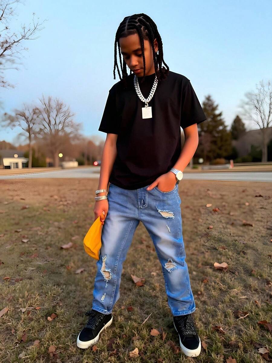 Tween Boy Denim Jeans, New Casual Fashion Ripped Washed Stretch Slim Fit Blue Jeans - Medium Wash - View 1