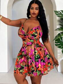 Slaydiva 2025新款情人节花卉印花雪纺扭纹吊带连体裤，优雅性感少女偶像，适合节日/新年/约会 - 玫紅色 - 查看 4