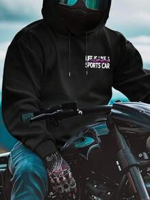 Manfinity Dauomo Men's Casual Fleece Hoodie, Fashion Car Print Pullover Hoodie, Car Enthusiasts Casual Hooded Sweatshirt - Black - View 2