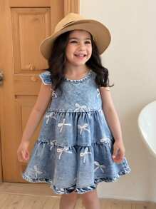 1pc Baby Girl Casual Washed Denim Puff Dress With Embroidered Bowknot Decor - Blue - View 6