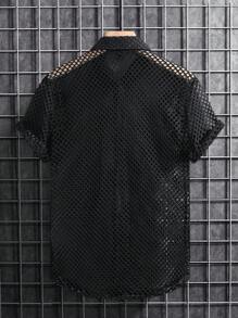 Manfinity Homme Men's Solid Color Hollow-Out Short Sleeve Casual Shirt, Spring/Summer Men Mesh Shirt Men Mesh Shirt Men Clothing Shirts Men Men Shirts - Black - View 2
